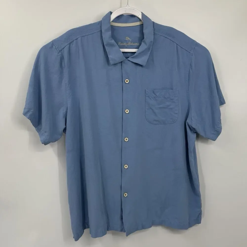 Tommy Bahama Button Shirt Size XXL Blue Silk Short Sleeve Loop Collar Coastal